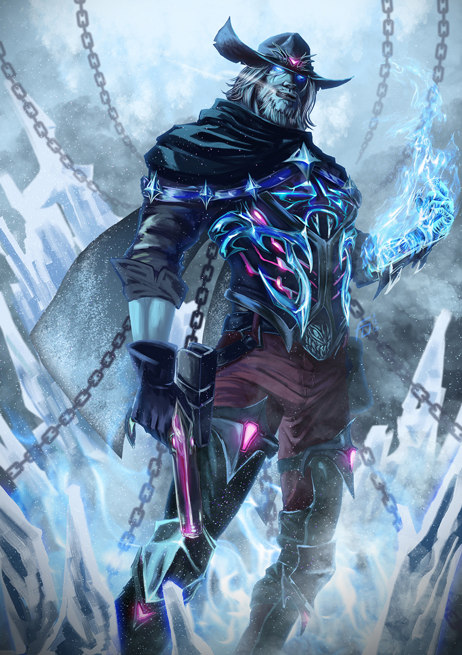 1boy, aura, beard, black_cape, black_gloves, blue_fire, blue_skin, cape