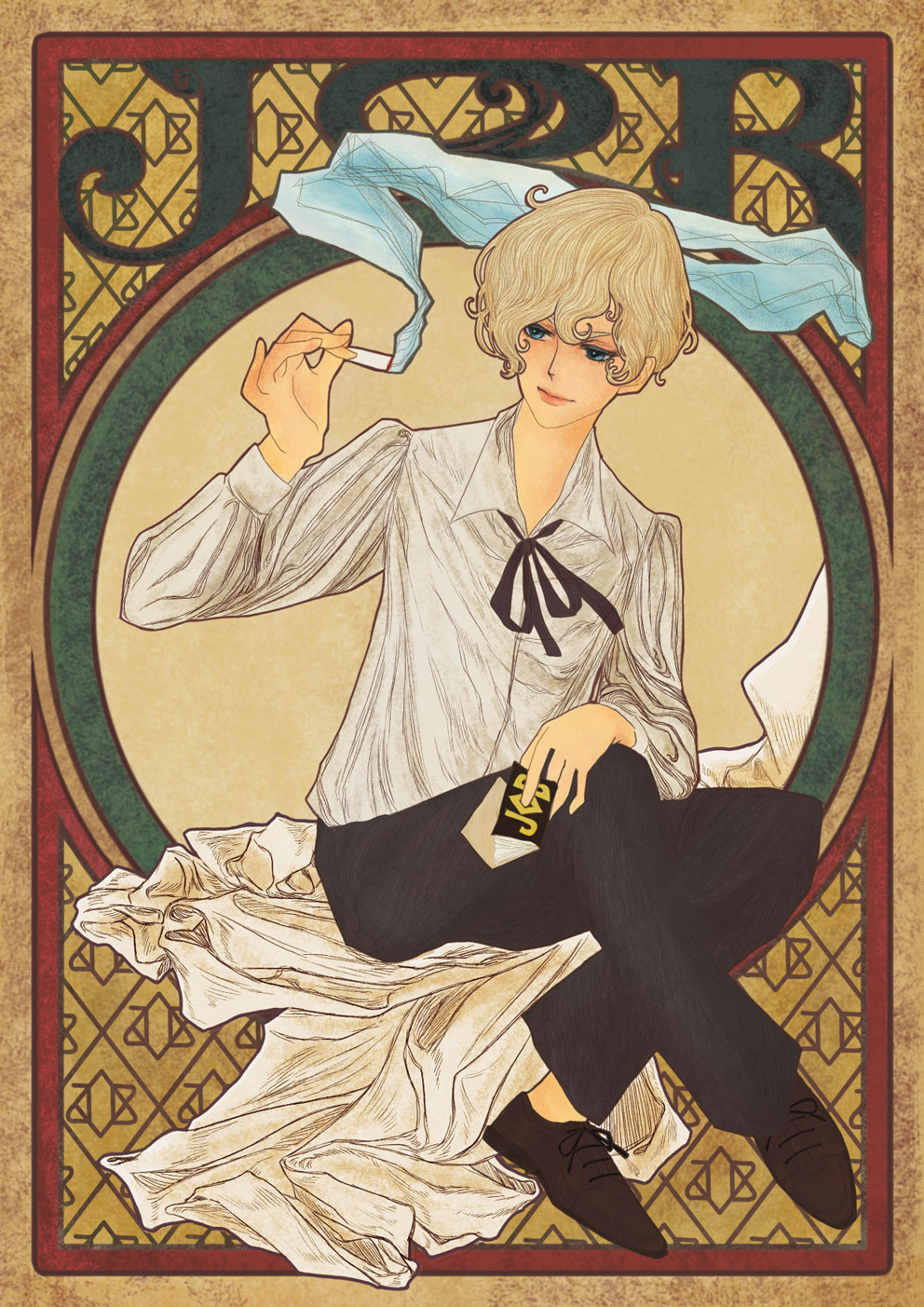 1boy, art_nouveau, bishounen, black_pants, blue_eyes, highres, hino_ataru, long_sleeves