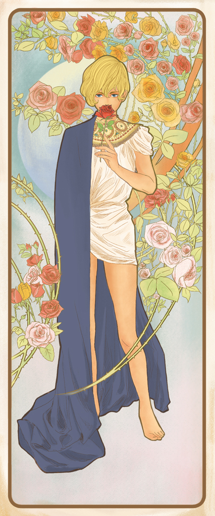 1boy, art_nouveau, barefoot, blonde_hair, cape, flower, full_body, hino_ataru
