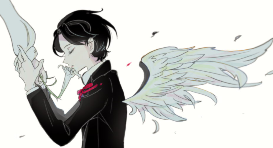 1boy, angel_wings, closed_eyes, flower, harukayosimura, julusmole_bayhan, long_sleeves, male_focus
