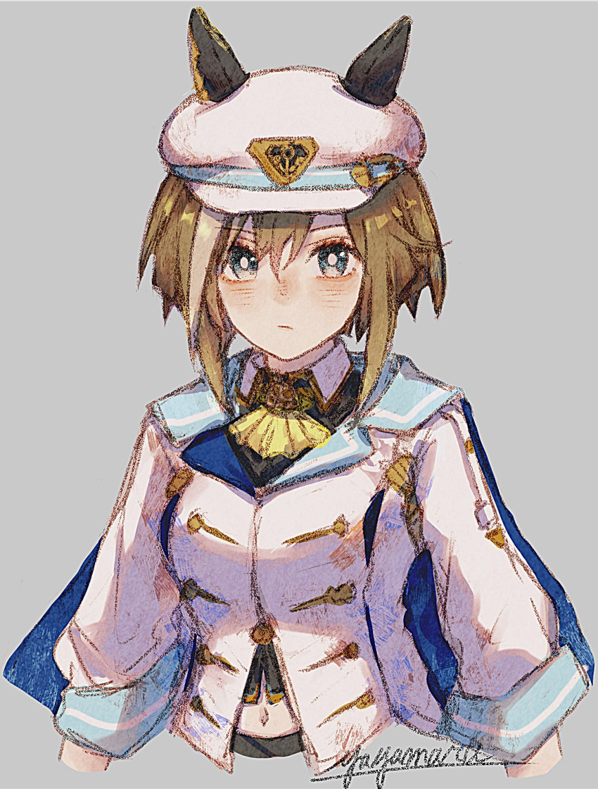 1girl, animal_ears, blue_eyes, blush, breasts, brown_hair, cheval_grand_(grand_itineraire)_(umamusume), cheval_grand_(umamusume)