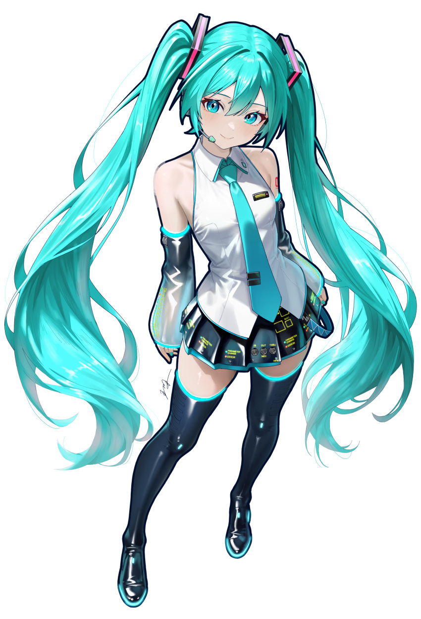 1girl, absurdres, aqua_eyes, aqua_hair, aqua_necktie, bare_shoulders, black_thighhighs, breasts