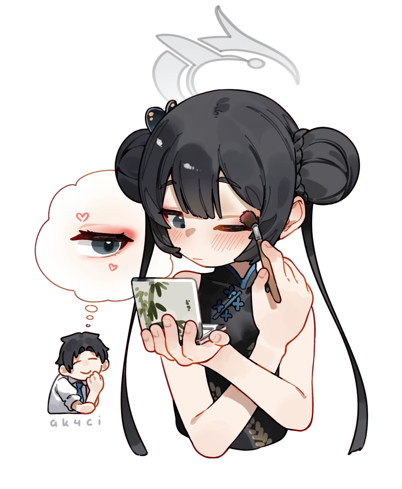 1boy, 1girl, applying_makeup, black_dress, black_hair, blue_archive, blue_archive_the_animation, blue_eyes