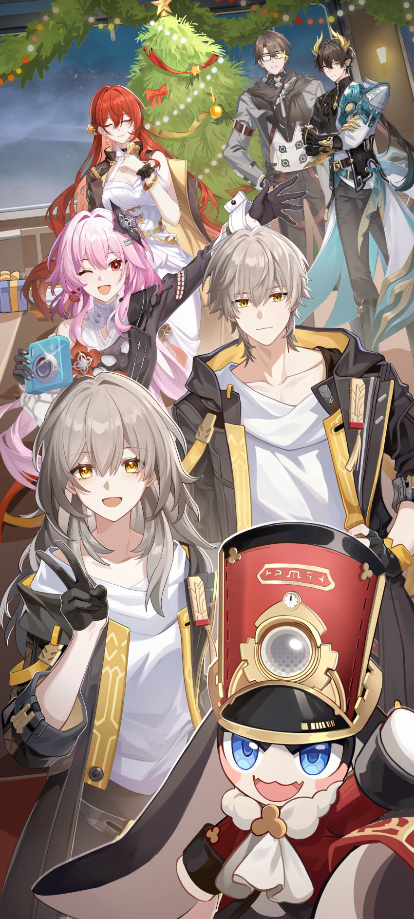 3boys, 3girls, absurdres, bad_link, bare_shoulders, black_gloves, black_jacket, black_legwear, blue_eyes, boots, brown_hair, bunny_ears, caelus_(honkai:_star_rail), camera, christmas, christmas_tree, closed_mouth, collarbone, crossed_arms, cuffs, dan_heng_(honkai:_star_rail), dan_heng_(permansor_terrae)_(honkai:_star_rail), evernight_(honkai:_star_rail), eyebrows_visible_through_hair, eyes_closed, flower, gift_box, glasses, gloves, grey_hair, hair_between_eyes, hair_ornament, hairclip, hand_on_hip, hand_on_own_chest, hand_up, hat, highres, himeko_(honkai:_star_rail), honkai:_star_rail, honkai_(series), hoodie, horns, jacket, long_hair, long_sleeves, looking_at_viewer, low_ponytail, march_7th_(honkai:_star_rail), nails_visible_through_gloves, one_eye_closed, open_mouth, pink_hair, polaroid_camera, pom-pom_(honkai:_star_rail), ponytail, red_eyes, red_hair, scarf, short_hair, smile, sparkle, stelle_(honkai:_star_rail), tassel, turtleneck_sweater, v, welt_yang_(honkai:_star_rail), white_dress, white_shirt, wink, yellow_eyes