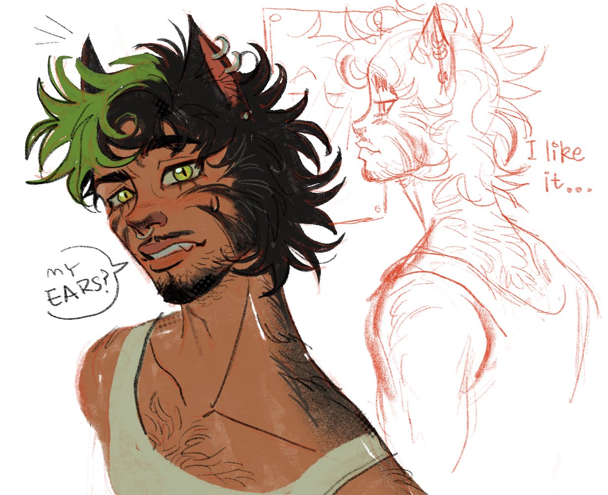 ..., 1boy, ?, alternate_design, animal_ear_piercing, animal_ears, antonio_leon_mars_(skcd_loen), back_hair