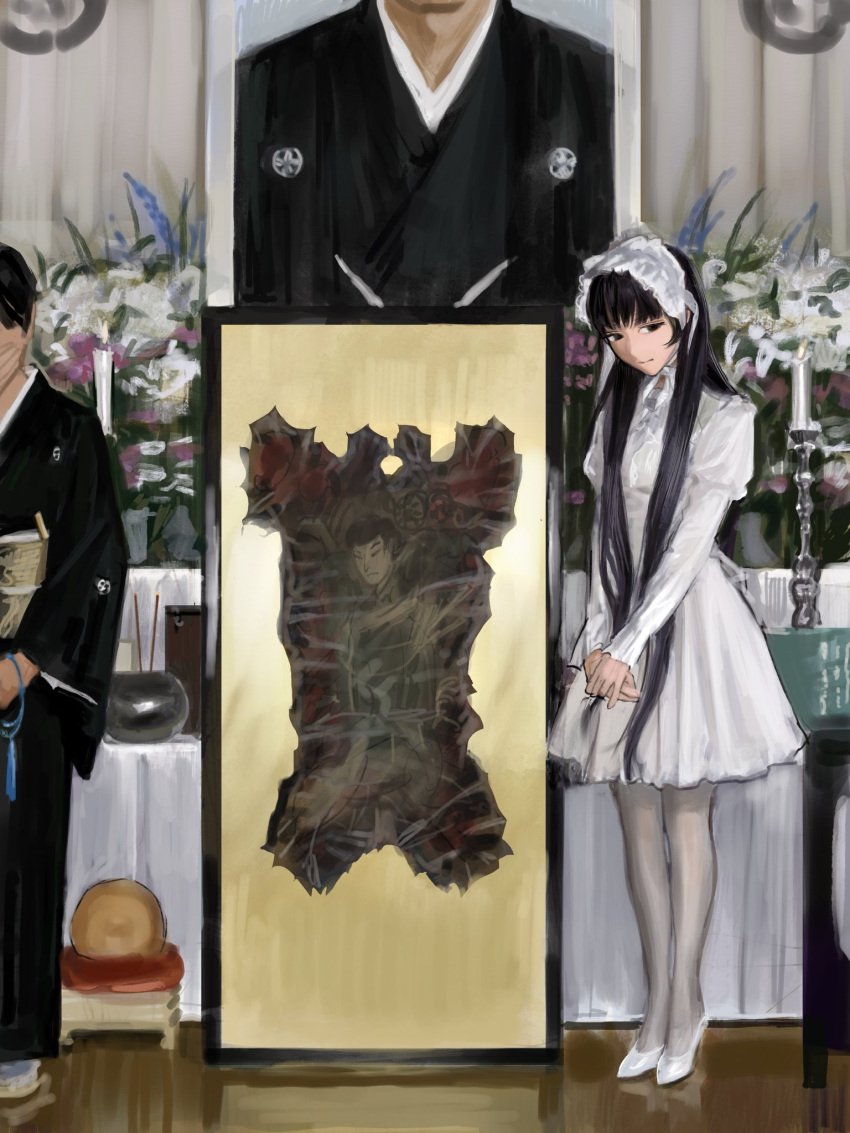 1boy, 1girl, 1other, arm_tattoo, bingi, black_eyes, black_hair, bouquet, candle, dress, faceless, faceless_male, flower, formal_clothes, funeral, funeral_dress, funeral_kimono, hair_ornament, highres, historical_connection, implied_torture, japanese_clothes, kimono, long_hair, looking_at_viewer, original, own_hands_together, skinned, tattoo, very_long_hair, white_dress, yakuza