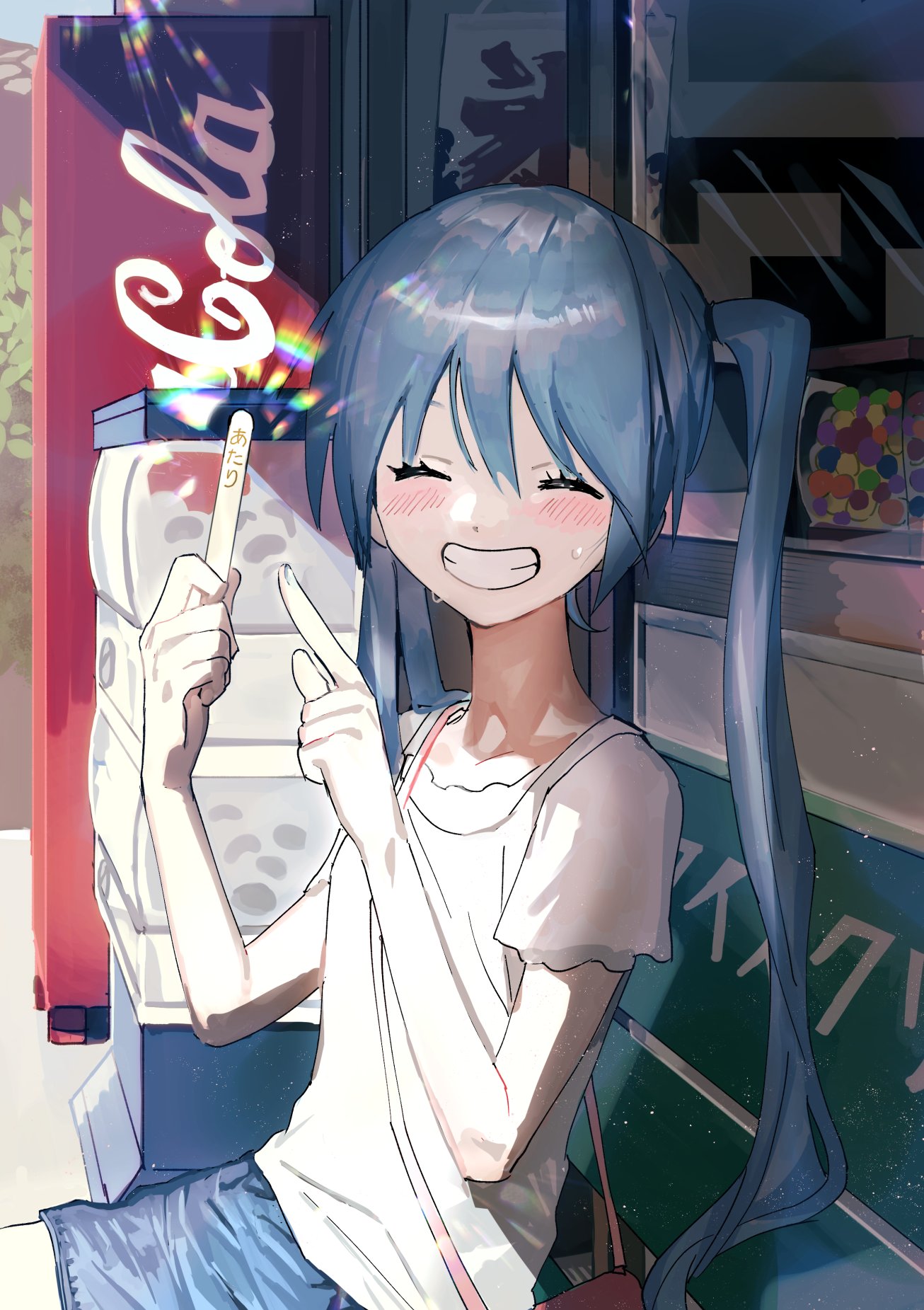 1girl, bag, bench, blue_hair, blush, calc._(vocaloid), closed_eyes, commentary_request