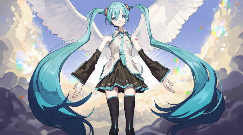 1girl, angel_wings, aqua_hair, aqua_necktie, black_thighhighs, blue_eyes, clouds, commentary_request