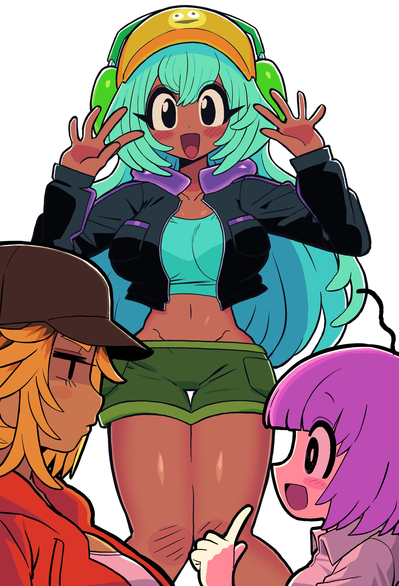 3girls, aqua_hair, black_eyes, black_jacket, blonde_hair, bob_cut, charlie_dompler, crop_top, dark-skinned_female, dark_skin, dolly_dimpley, genderswap, genderswap_(mtf), green_hat, green_shorts, hat, headphones, highres, humanization, jacket, long_hair, long_sleeves, looking_at_viewer, multiple_girls, open_mouth, orange_jacket, pim_pimling, pink_hair, satanmanse, shirt, shorts, smile, smiley_face, smiling_friends, white_background, white_shirt