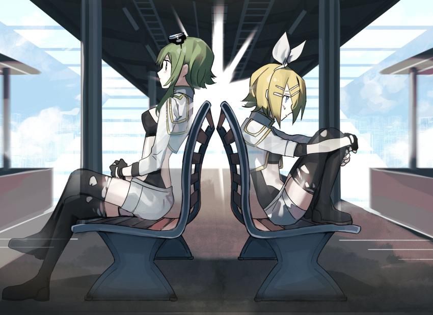 2girls, bench, black_bra, black_gloves, black_thighhighs, blonde_hair, blue_eyes, bra, breasts, commentary_request, crossed_legs, fingerless_gloves, gloves, goggles, goggles_on_head, grey_hair, gumi, hair_ornament, hairband, hairpin, highres, invisible_(vocaloid), kagamine_rin, medium_breasts, multiple_girls, short_shorts, shorts, sitting, soyaka, sweatdrop, thigh-highs, torn_clothes, torn_thighhighs, train_station, underwear, vocaloid, white_hairband, white_shorts