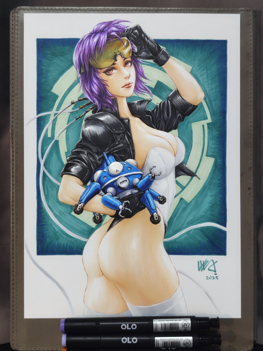 1girl, art_tools_in_frame, ass, black_jacket, ghost_in_the_shell, ghost_in_the_shell:_stand_alone_complex, goggles, goggles_on_head