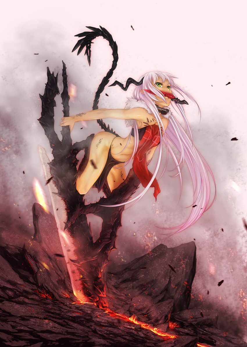 box_sentou_shoujo, dagger, demon_girl, demon_tail, green_eyes, highres, horns, knife