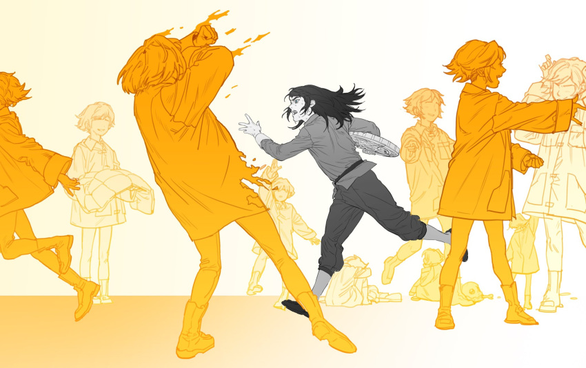 1boy, 6+girls, abaddon_(haunted_hotel), clone, coat, commentary_request, esther_freeling, gradient_background