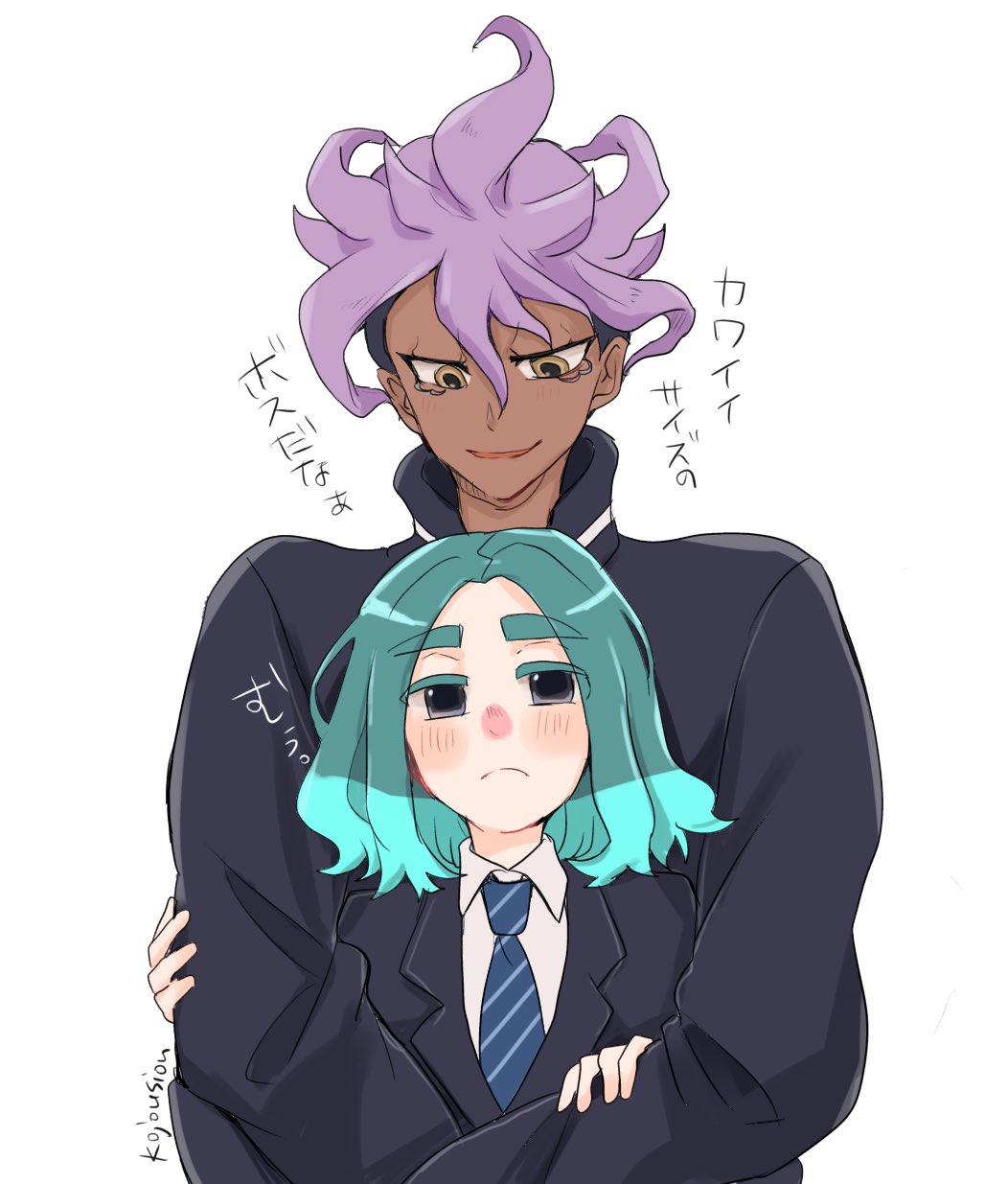 2boys, aqua_hair, black_jacket, blue_necktie, blush, brown_eyes, collared_shirt, dark-skinned_male
