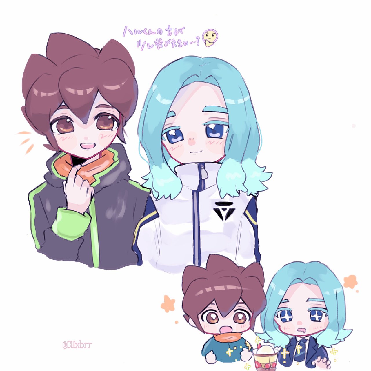 2boys, aqua_hair, black_jacket, blue_eyes, brown_eyes, brown_hair, cwxbrr, endou_haru