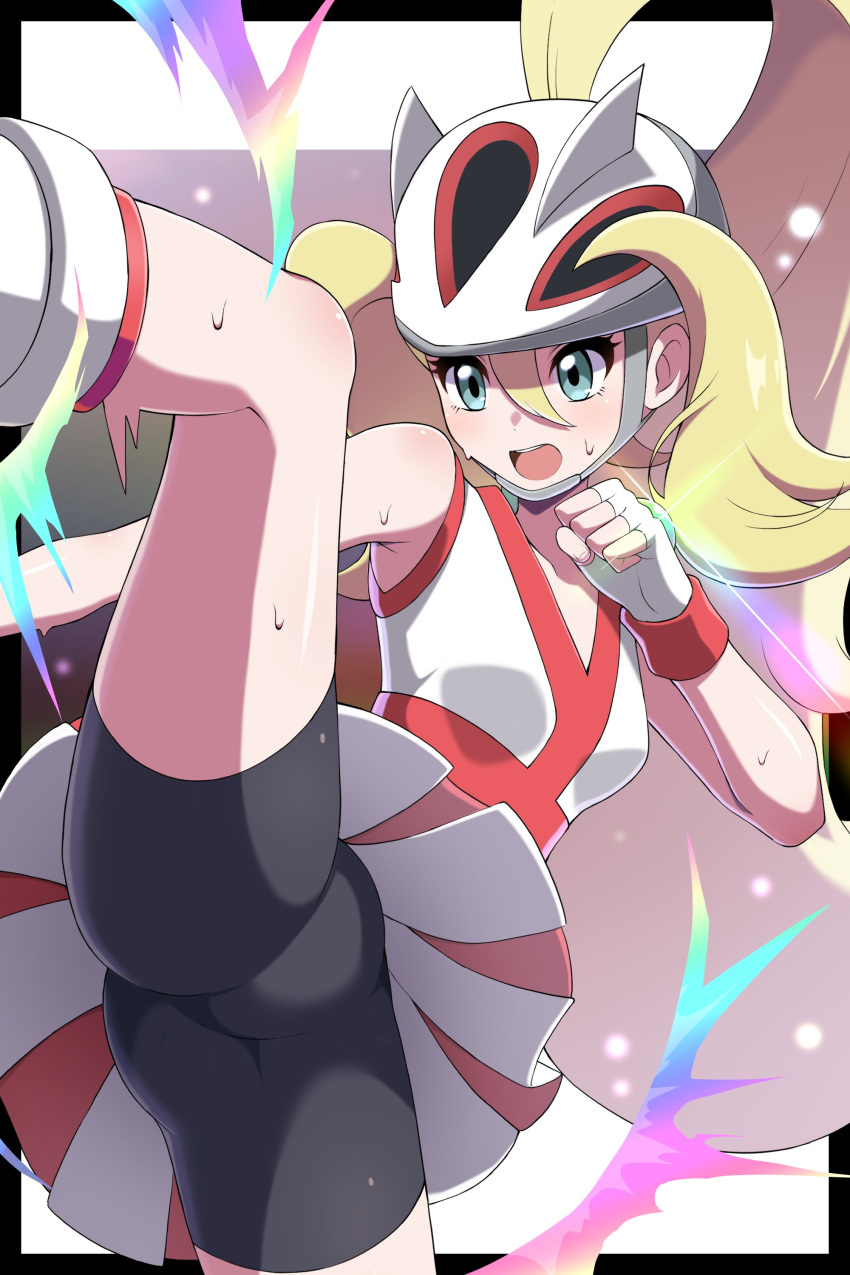 1girl, absurdres, bare_shoulders, bicycle_helmet, bike_shorts, black_shorts, blonde_hair, blue_eyes