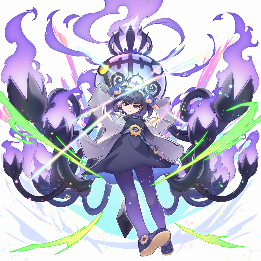 1girl, black_dress, black_hair, blue_gloves, blunt_bangs, bob_cut, breasts, chandelure