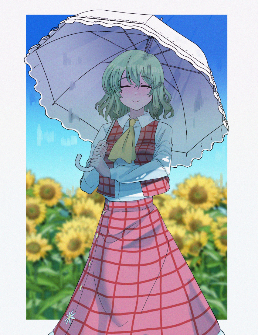 1girl, ascot, blue_sky, clear_sky, closed_eyes, closed_mouth, collared_shirt, commentary_request