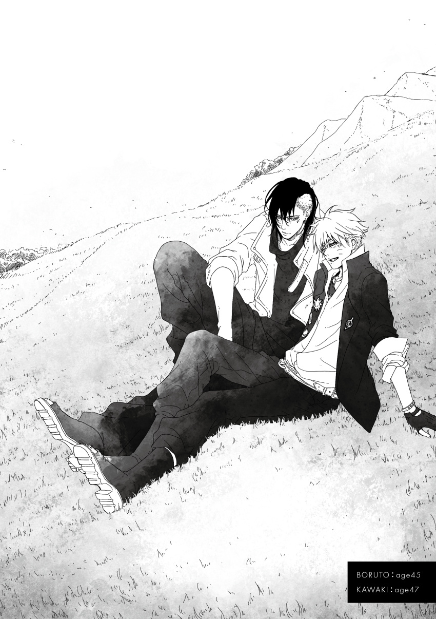 2boys, absurdres, boruto:_two_blue_vortex, bracelet, commentary_request, earrings, facial_mark, fingerless_gloves
