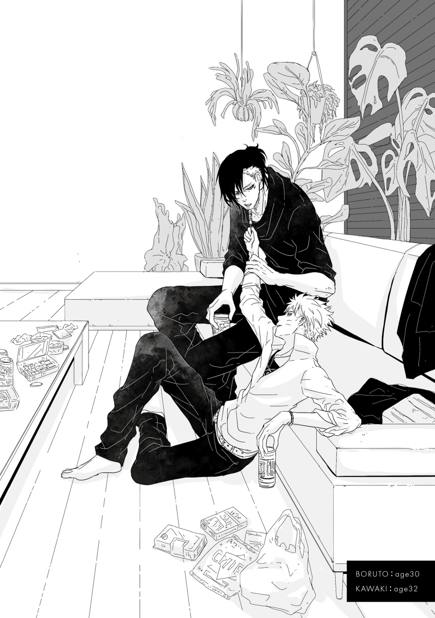 2boys, absurdres, bag, barefoot, beer_can, boruto:_two_blue_vortex, bracelet, can