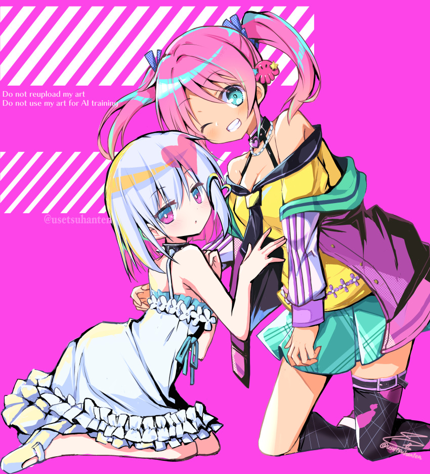 2girls, absurdres, aqua_hair, bare_shoulders, dohna_dohna_issho_ni_warui_koto_o_shiyou, dress, gradient_hair, highres