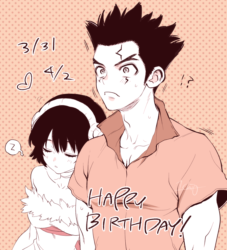 1boy, 1girl, bare_shoulders, birthday, black_hair, blush, breasts, choker