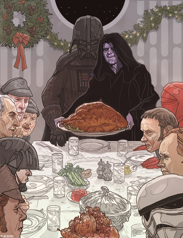 6+boys, armor, artist_name, black_armor, black_robe, brown_hair, christmas_wreath, colored_skin