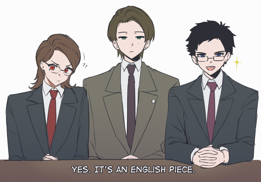 3boys, ?, ??, akiyama_ren, animification, bespectacled, black_hair, blazer