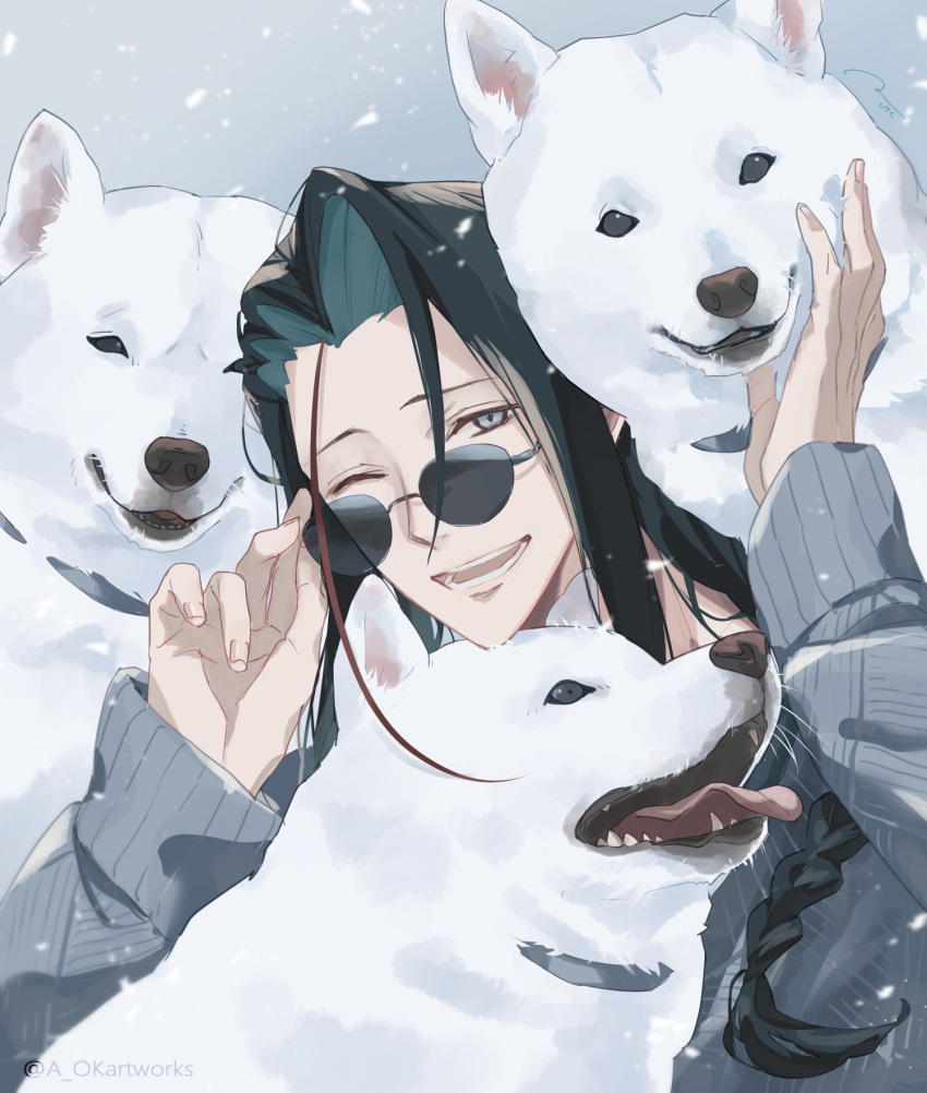1boy, animal_collar, aopix_001, black_hair, braid, collar, dog, fate/grand_order, fate_(series), grey_eyes, grey_sweater, highres, kondou_isami_(fate), kondou_isami_(over_the_same_sky)_(fate), long_hair, male_focus, one_eye_closed, smile, snow, sunglasses, sweater, twitter_username, white_dog