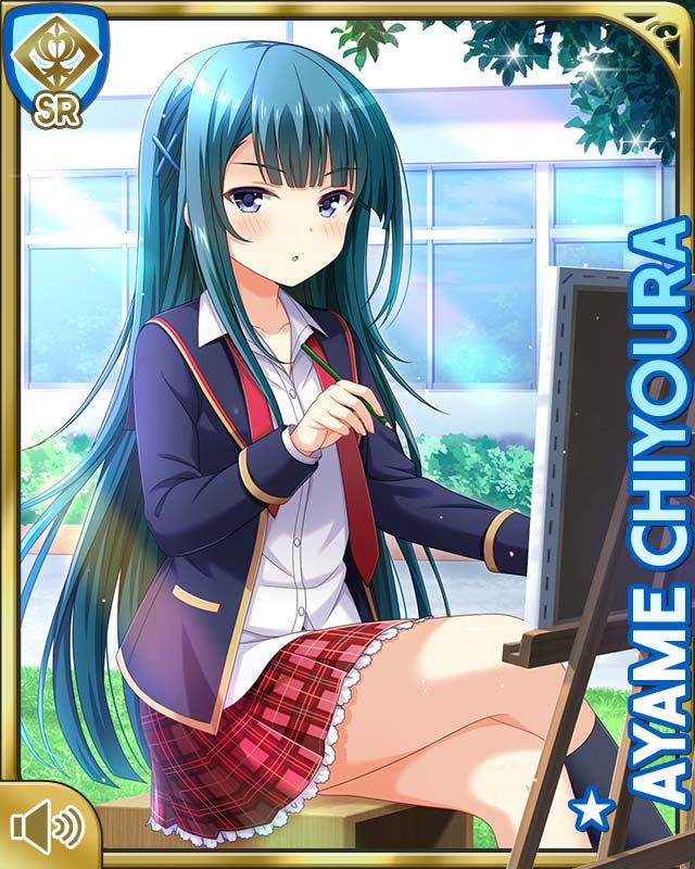 1girl, black_eyes, blue_hair, breasts, card_(medium), character_name, chiyoura_ayame, girlfriend_(kari)