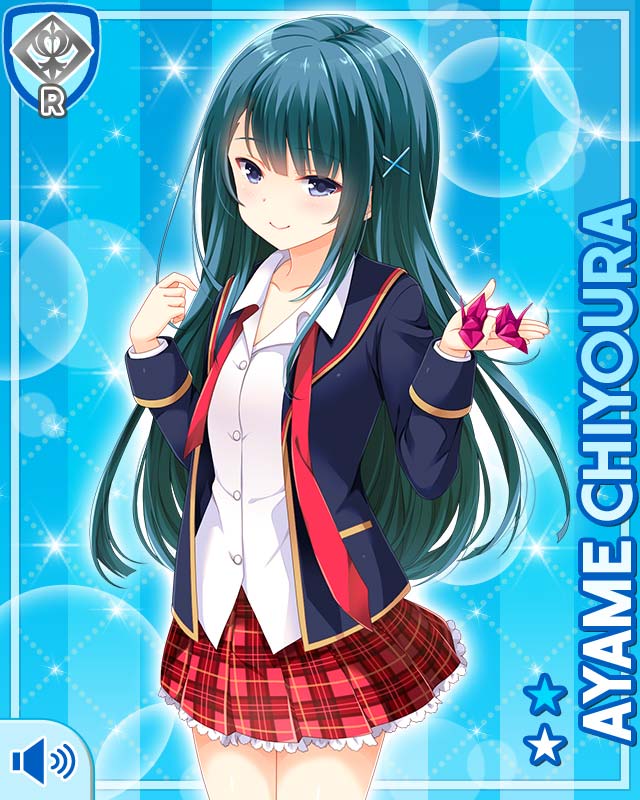1girl, black_eyes, blue_hair, breasts, card_(medium), character_name, chiyoura_ayame, girlfriend_(kari)