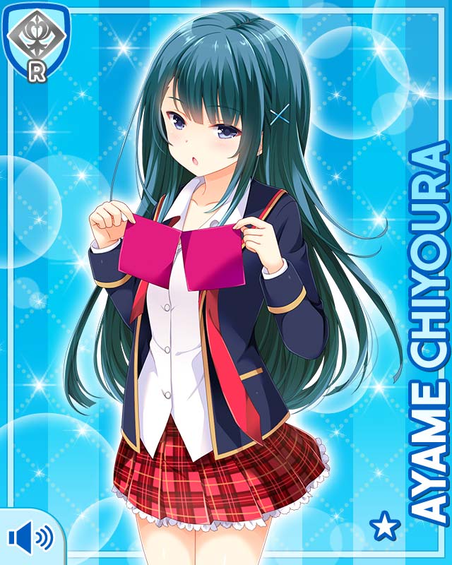 1girl, black_eyes, blue_hair, breasts, card_(medium), character_name, chiyoura_ayame, girlfriend_(kari)