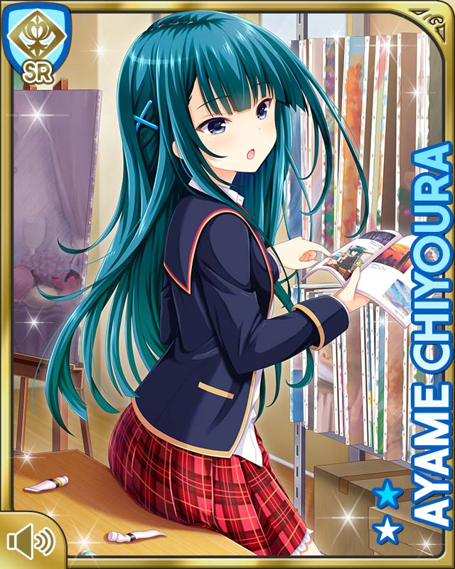 1girl, black_eyes, blue_hair, breasts, card_(medium), character_name, chiyoura_ayame, girlfriend_(kari)