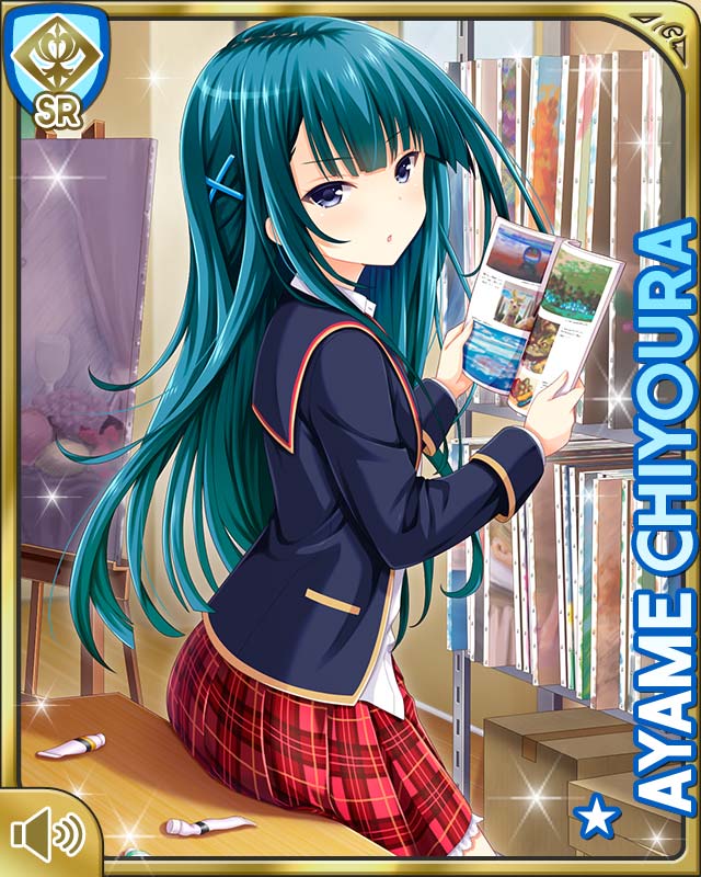 1girl, black_eyes, blue_hair, breasts, card_(medium), character_name, chiyoura_ayame, girlfriend_(kari)