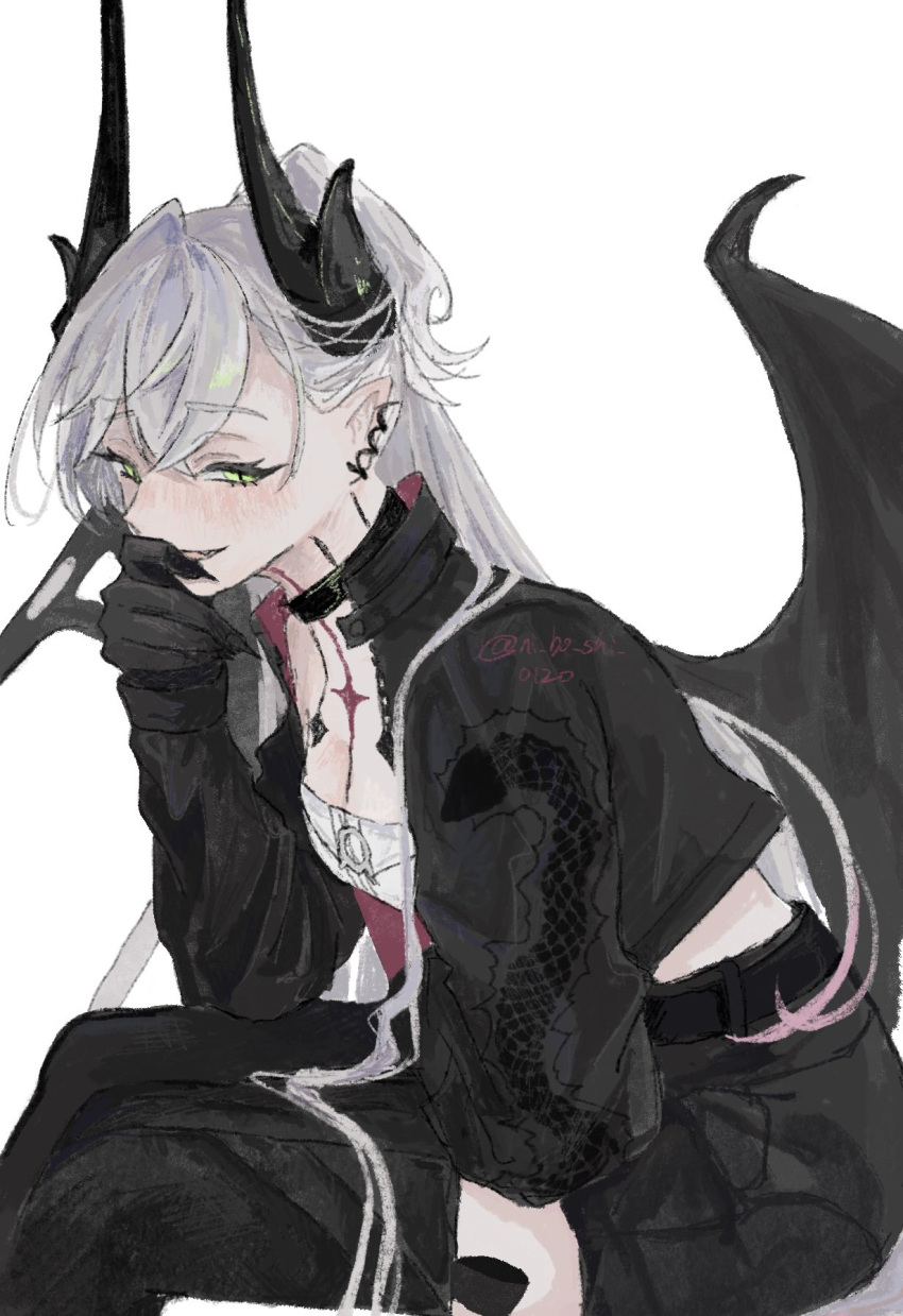 1girl, bat_wings, belt, black_belt, black_boots, black_choker, black_hands, black_jacket, black_nails, black_skirt, blush, body_markings, boots, choker, colored_extremities, crossed_bangs, demon_girl, demon_horns, demon_wings, dragon_print, ear_piercing, fang, fate/grand_order, fate_(series), green_eyes, hand_on_own_face, high_ponytail, highres, horns, jacket, laughing, lilith_(fate), lilith_(over_the_same_sky)_(fate), looking_at_viewer, narrowed_eyes, neck_tattoo, pencil_skirt, piercing, ponytail, sitting, skirt, solo, strapless, tattoo, thigh_boots, tube_top, white_background, white_hair, white_tube_top, wings, yowa_(niboshi)