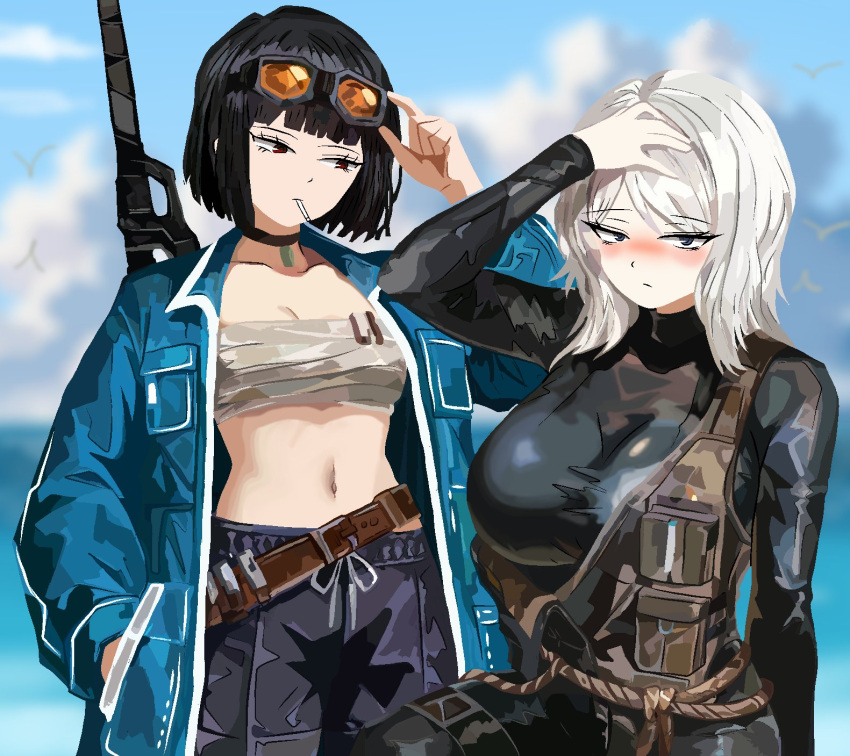 2girls, beach, belt, bird, blue_eyes, blurry, blurry_background, blush