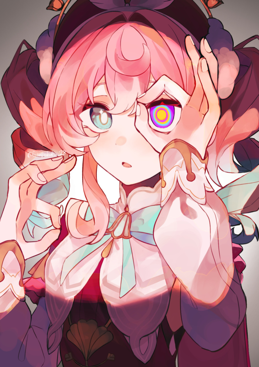 1girl, alternate_eye_color, aqua_bow, aqua_bowtie, aqua_eyes, aqua_hair, aquila_(honkai:_star_rail), bow, bowtie, commentary, drill_hair, futabababa_28, gradient_hair, hat, heterochromia, highres, honkai:_star_rail, honkai_(series), hyacine_(honkai:_star_rail), long_hair, long_sleeves, looking_at_viewer, multicolored_eyes, multicolored_hair, ok_sign, ok_sign_over_eye, open_mouth, pink_hair, ringed_eyes, simple_background, solo, symbol-only_commentary, twin_drills, twitter_username, upper_body