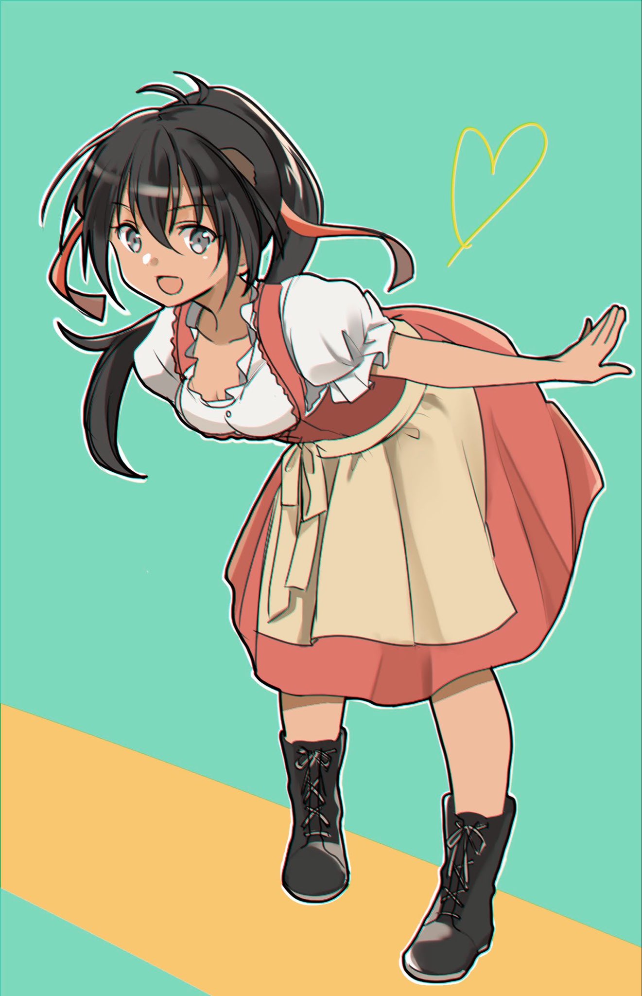 1girl, alternate_costume, black_boots, black_eyes, black_hair, boots, breasts, german_clothes, highres, long_hair, luminous_witches, manaia_matawhaura_hato, medium_breasts, okeke_power_nishiko, open_mouth, ponytail, simple_background, solo, standing, world_witches_series