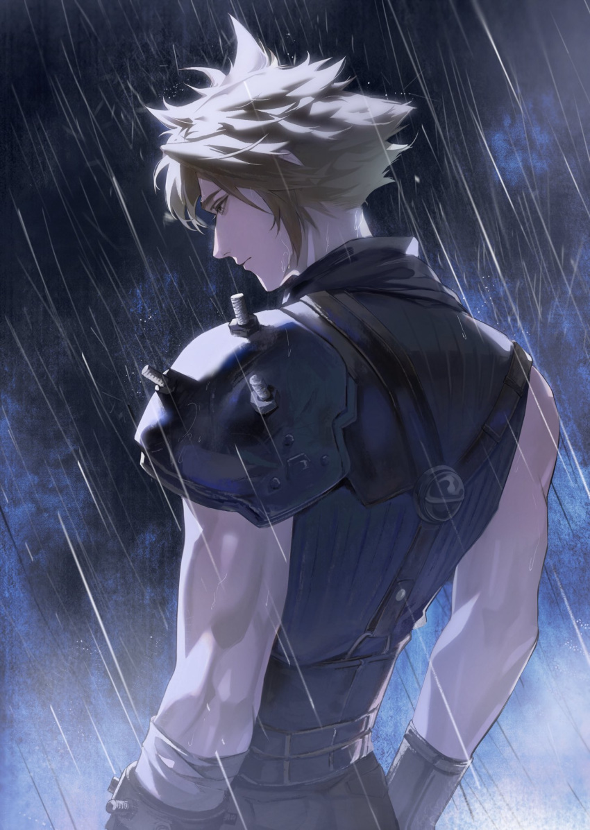 1boy, armor, belt, black_belt, black_pants, blonde_hair, closed_mouth, cloud_strife, cowboy_shot, final_fantasy, final_fantasy_vii, gloves, hashtag-only_commentary, highres, jianjiananan, looking_down, male_focus, multiple_belts, pants, parted_bangs, pauldrons, rain, short_hair, shoulder_armor, single_pauldron, sleeveless, sleeveless_turtleneck, solo, spiky_hair, suspenders, turtleneck, wet