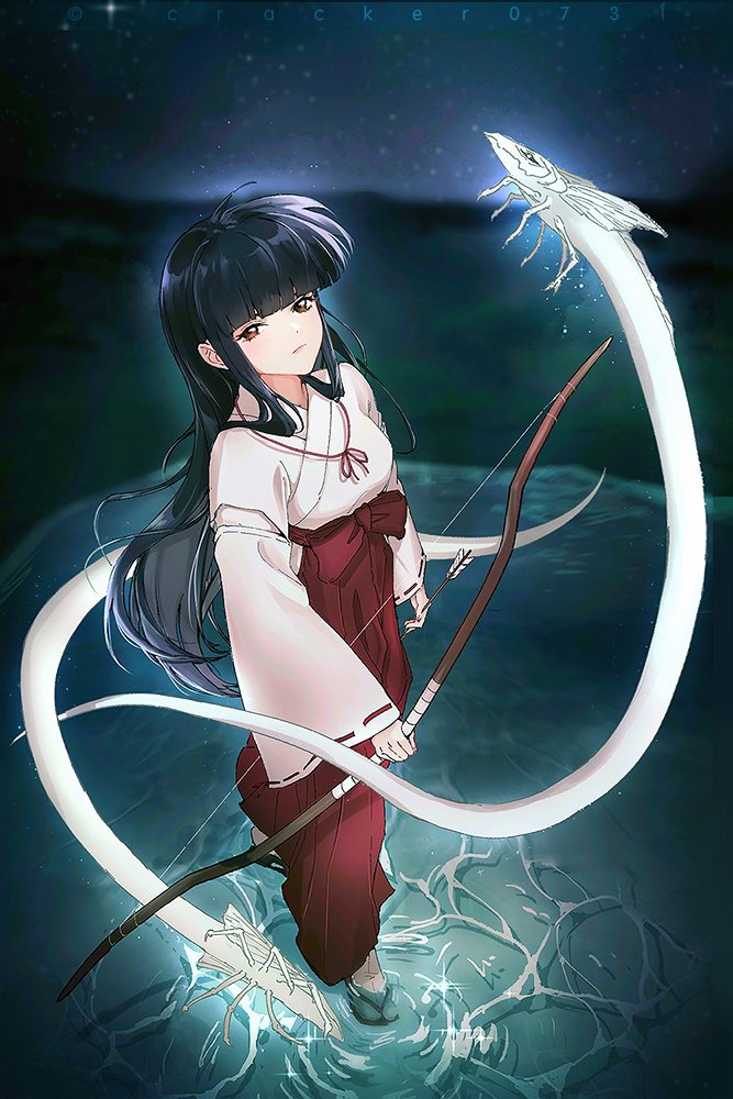 1girl, arrow_(projectile), black_hair, blunt_bangs, bow_(weapon), breasts, creature, from_above