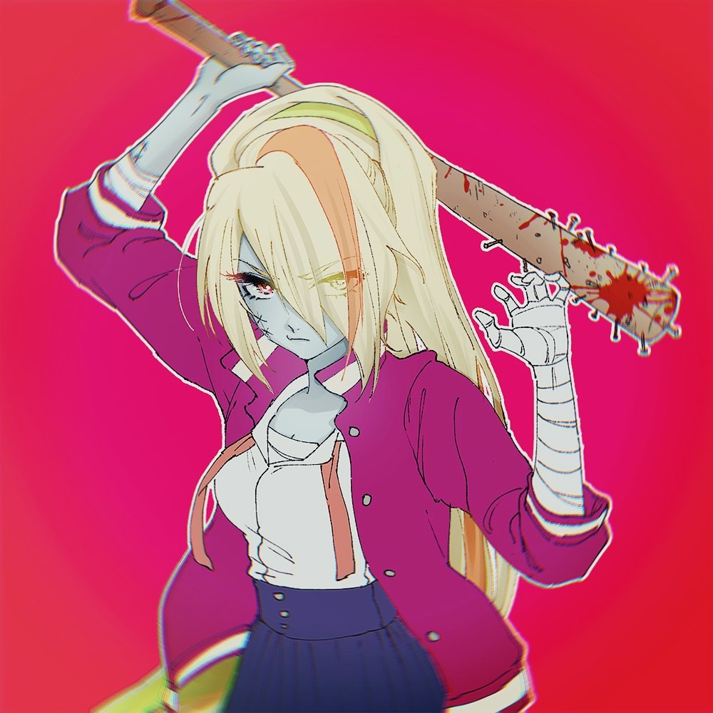 1girl, bandaged_arm, bandaged_hand, bandages, baseball_bat, black_skirt, blonde_hair, blood