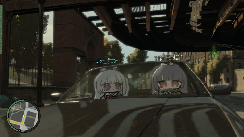 2girls, absurdres, animal_ears, black_car, blue_archive, blue_halo, blue_shirt, car