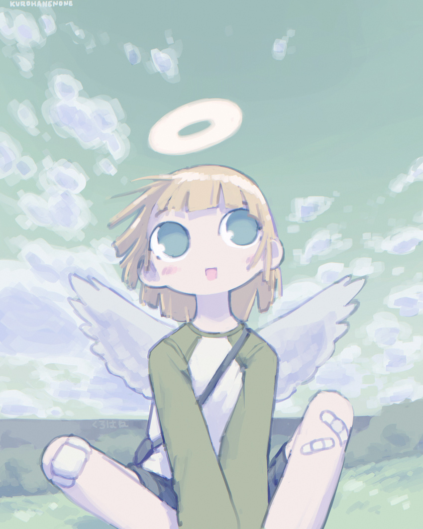 1girl, angel, angel_wings, bag, bandages, blonde_hair, blush, clouds