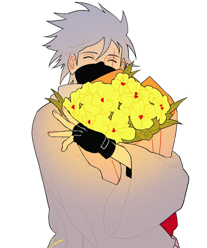 1boy, black_gloves, black_mask, bouquet, fingerless_gloves, gloves, grey_hair, hair_between_eyes