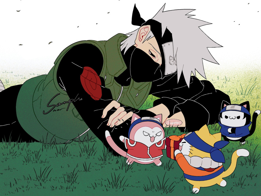 1girl, 3boys, :3, animalization, black_gloves, black_headband, black_mask, black_pants