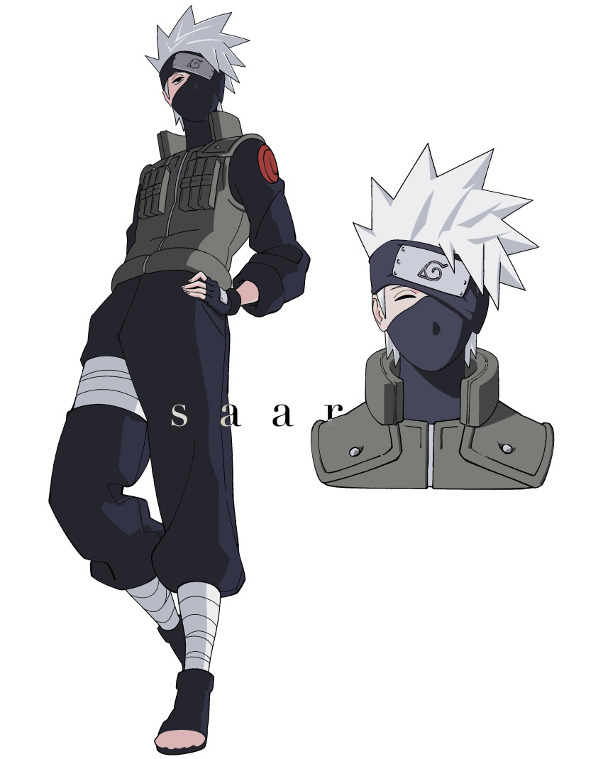 1boy, absurdres, bandaged_leg, bandages, black_gloves, black_headband, black_mask, black_pants
