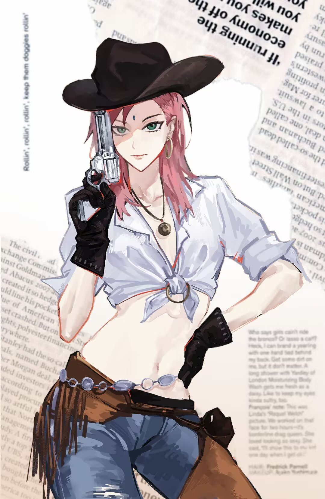 1girl, alternate_costume, belt, black_gloves, black_hat, blue_pants, breasts, brown_belt