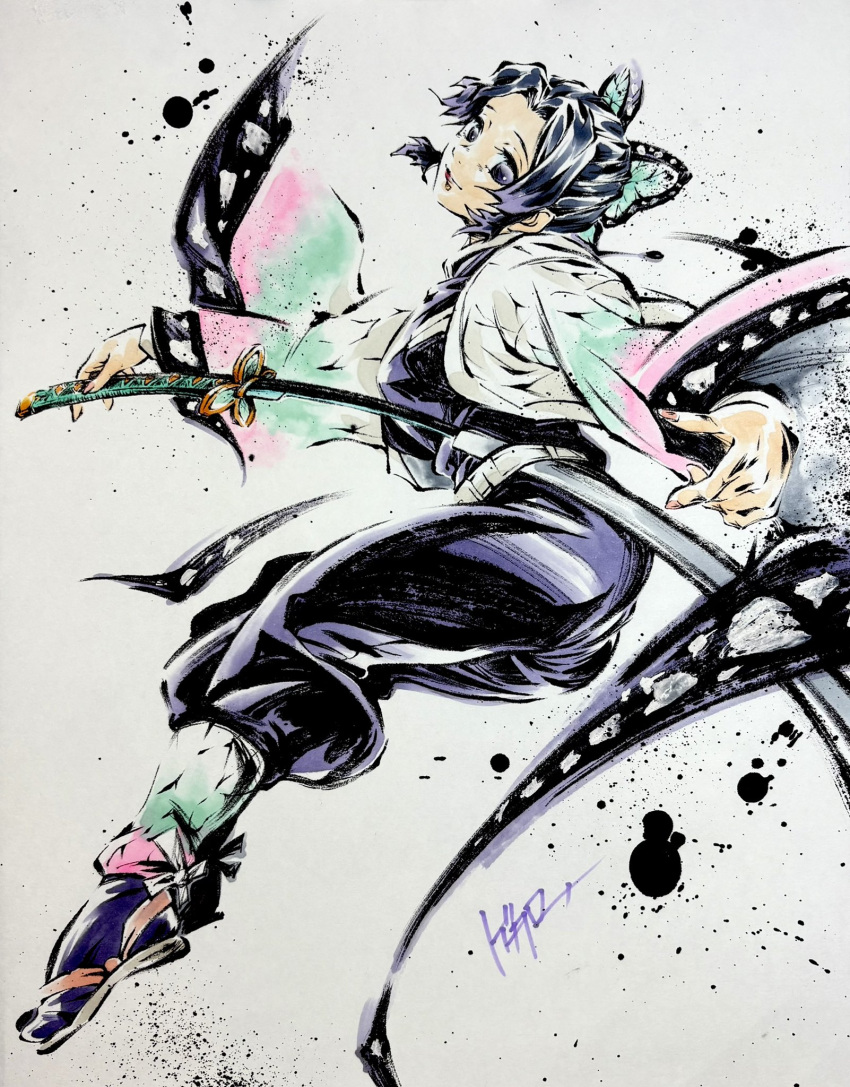 1girl, @o_ro_ro_n24, animal_print, belt, black_hair, black_jacket, black_pants, breasts