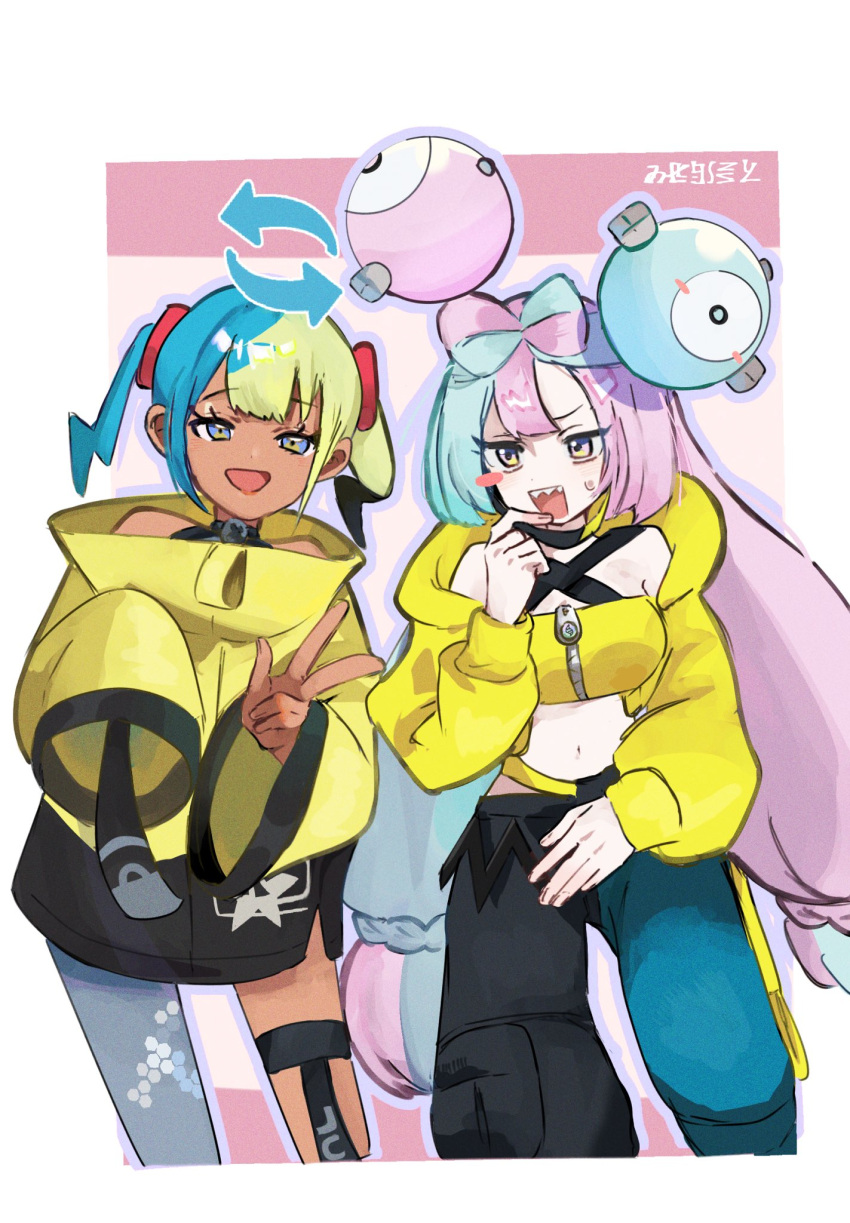 2girls, aqua_hair, baggy_pants, bandeau, black_mask, blonde_hair, blue_hair, blush_stickers, bow-shaped_hair, breasts, canari_(pokemon), canari_(pokemon)_(cosplay), center-flap_bangs, character_hair_ornament, cosplay, costume_switch, criss-cross_halter, criss-cross_straps, dark-skinned_female, dark_skin, fake_hair_bun, grey_pantyhose, hair_ornament, half-closed_eyes, halter_shirt, halterneck, hexagon_print, highres, iono_(pokemon), iono_(pokemon)_(cosplay), jacket, long_hair, long_sleeves, mask, mask_pull, medium_breasts, mega_stone, mouth_mask, multicolored_hair, multiple_girls, open_mouth, oversized_clothes, pants, pantyhose, pink_hair, piyo_(toripoke710), pokemon, pokemon_legends:_z-a, pokemon_sv, sharp_teeth, short_twintails, single_leg_pantyhose, sleeves_past_fingers, sleeves_past_wrists, smile, solo, split-color_hair, sweatdrop, teeth, trait_connection, twintails, two-tone_mask, two-tone_pants, x_(symbol), yellow_bandeau, yellow_jacket, yellow_mask