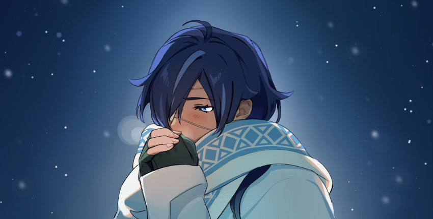 1boy, arms_up, black_gloves, blue_eyes, blue_hair, blush, breath, commentary